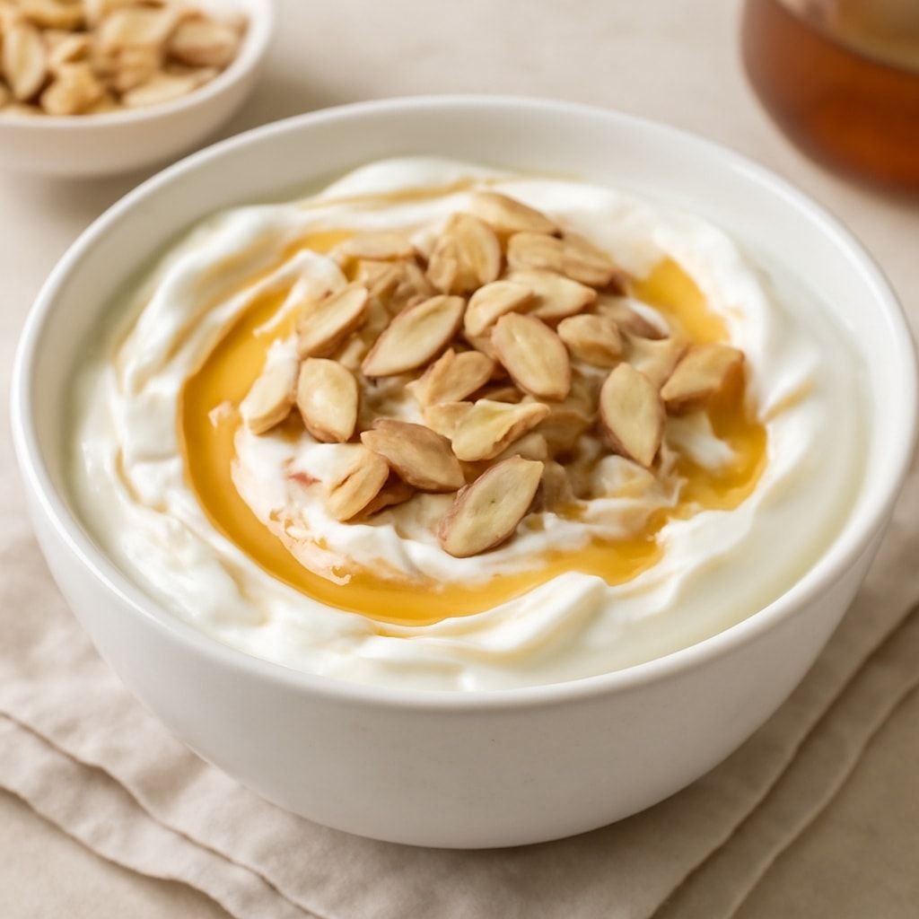 greek yogurt with crushed almonds and honey drizzle