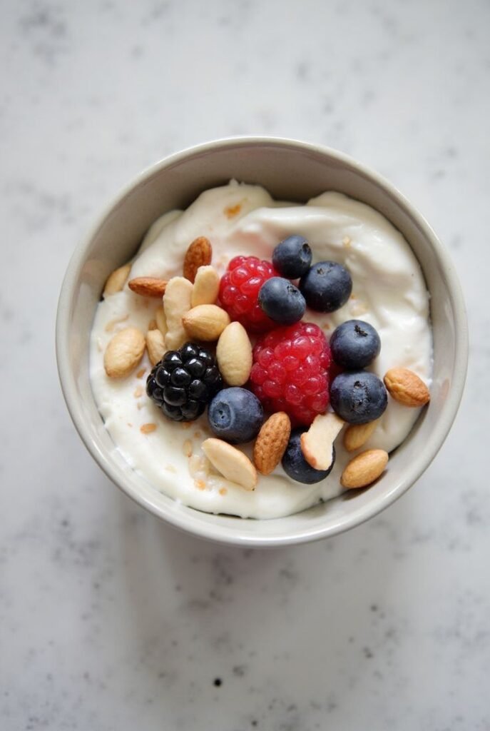 thick greek yogurt with nuts and berries